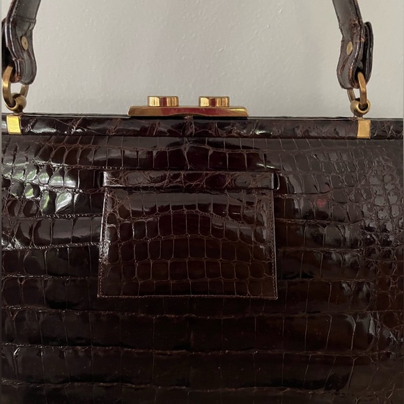 VINTAGE MANON HANDBAG GENUINE ALLIGATOR FRAME BAG DARK BROWN PURSE VTG - Picture 9 of 13